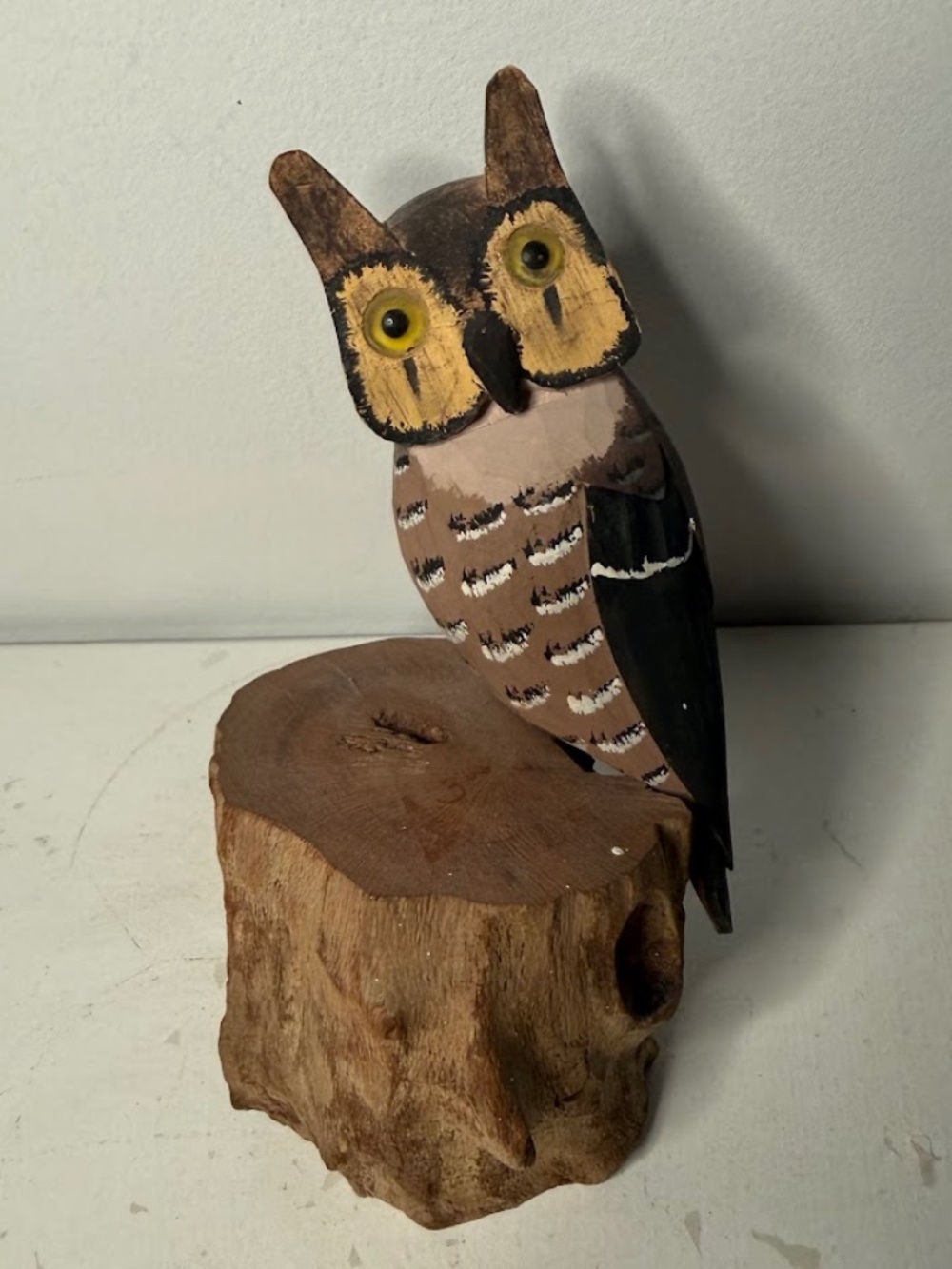 Vintage Hand Carved Wooden Owl Sculpture on Stump Decor MCM Mid Mod 1970s